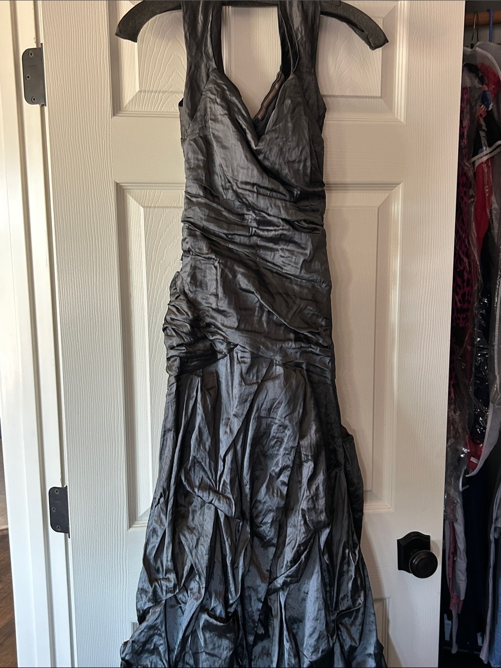 Nicole Miller Black Halter Ruched Satin-Look Gown